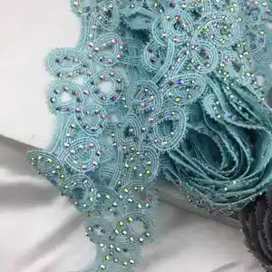 Strass de cristal da moda frisado chiffon, flor de poliéster solúvel em água sem tecido poliéster/nylon 80g