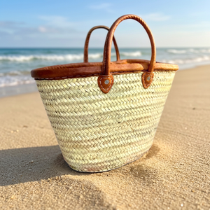 <b>Straw</b> Beach <b>Handbag</b> Two Handles Brown Leather Cotton Lining Open Top Durable Woven Design Barrel-shaped Custom Logo National - Product Image 1