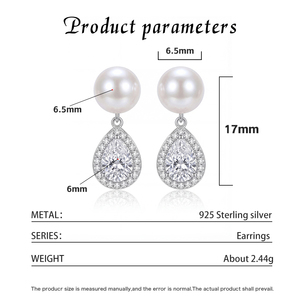 Boucles d'oreilles pendantes en cuivre plaqué argent avec perle blanche en forme de goutte et halo de zircons cubiques pour femme, bijoux en zircon pavé et perles, cadeau de mariée - Product Image 6