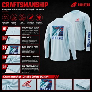 Chemise de pêche performante à manches longues pour pêcheur, imprimé dos poisson voilier, col rond, bleu glace, vêtements de pêche graphiques, OEM ODM, vente en gros - Product Image 1