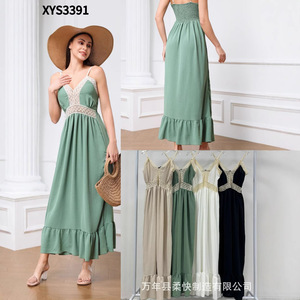 Nuovo <span class=keywords><strong>Abito</strong></span> Primaverile 100% <span class=keywords><strong>Lino</strong></span> Lunghezza al Ginocchio, Scollo a V, Stile Casual da Ufficio e Streetwear, con Spalline e Pieghe per Donne - Product Image 3