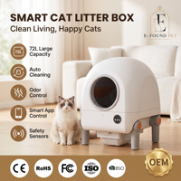 Bac à litière carré en plastique fermé pour chat, nettoyage automatique, grande capacité 72L, contrôle via application WiFi, conteneur de déchets 7L, anti-pincement pour chat