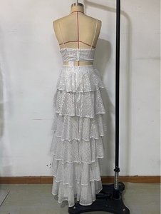 V-Cổ Sexy Treo <span class=keywords><strong>Sequin</strong></span> 2 Mảnh Thiết Lập Ăn Mặc Phụ Nữ Vest Và Pleated Dài Váy Hai Mảnh Váy Bộ - Product Image 6