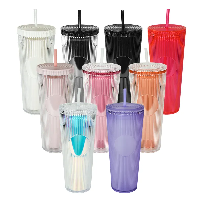 Logo custom 24oz 710ml Reusable double wall plastic tumbler cold drinking cup with straw and lid
