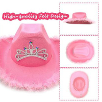 Chapeau de cowboy LED néon américain pour femme, en fausse fourrure et plumes roses, alimenté par piles, idéal pour la remise des diplômes et Thanksgiving, pour l'extérieur - Vente en gros