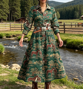 Wholesale 2026 New Western Cowgirl Horse Print Long Sleeve Shirt <strong>Dress</strong> Vintage Boho Pleated Midi <strong>Dress</strong> for Women <strong>Rodeo</strong> Country - Product Image 5