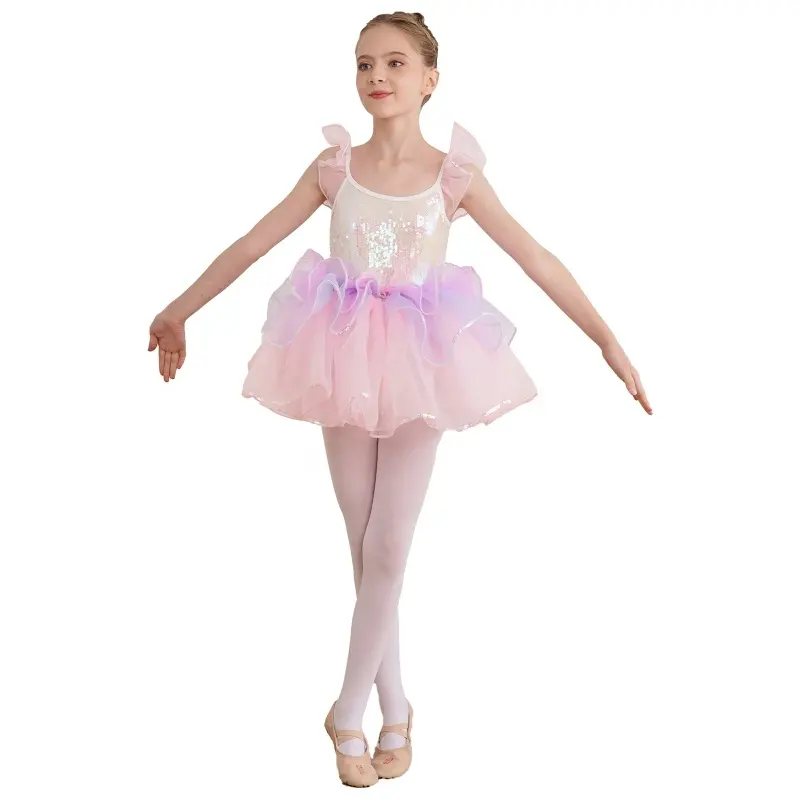 Kustom gaun dansa balet anak perempuan, Gaun Tutu Lengan lipit berkilau payet berjenjang, gaun dansa balet anak perempuan