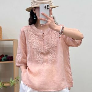 Women Cotton <b>Linen</b> Embroidered <b>Top</b> Five Sleeve Stand Collar <b>Plus</b> <b>Size</b> Retro Style T Shirt Spring Summer Leisure Wear - Product Image 4
