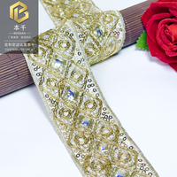 LEIXUSI 4cm Dentelle brodée ethnique Dai à losanges et paillettes, Bordure en fil torsadé doré pour accessoires de vêtements Cheongsam