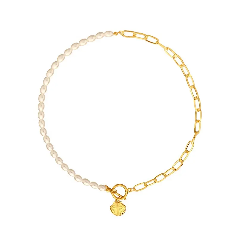 Ciondolo con conchiglia di perle finte collana di design charm catena di gioielli placcati in oro 18K, catena a maglie in lega OT fibbia