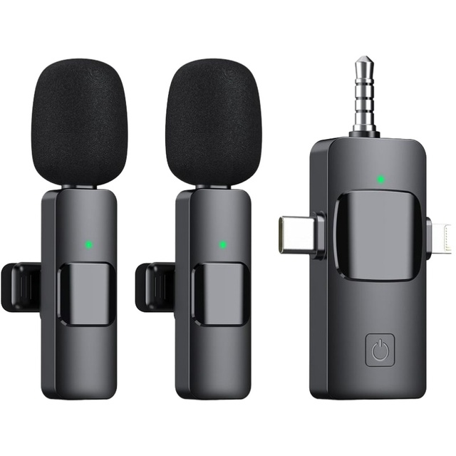 K15 Portable 2.4GHz Wireless Lavalier Microphone System Noise Cancelling 20M Transmission LED Lights Type C Lightning Receiver
