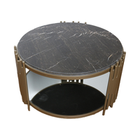 Dessus de table moderne et luxueux en pierre de marbre avec étagère inférieure en miroir et décoration aux lignes dorées Table basse pour le salon, la chambre et la salle à manger