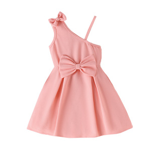Ropa de verano para niñas, vestido acampanado para niños, correa de lazo, hombro oblicuo, Color sólido, rosa, diseño Sexy, vestido ajustado - Product Image 1