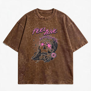 เสื้อยืดคอตตอนฟอกสีสไตล์วินเทจทรงหลวมโอเวอร์ไซส์สำหรับผู้หญิงและผู้ชาย ขายส่ง รับผลิตแบบ OEM ปักแบรนด์ตามสั่ง - Product Image 1