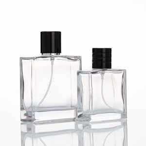 Flacon de parfum carré de luxe en verre avec fond lourd, transparent, 30ml 50ml 100ml, couvercle noir et pulvérisateur à sertir, vide - Product Image 3