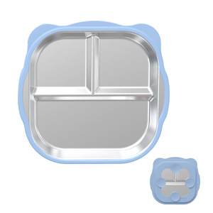 Plateau repas carré en acier inoxydable pour enfants avec couvercle et bord bleu, idéal pour les plats à emporter - Product Image 1