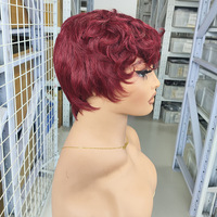 Perruques courtes bouclées couleur 99J, coupe pixie, rouge vin, cheveux Remy, sans colle, sans dentelle, entièrement fabriquées à la machine pour femmes noires