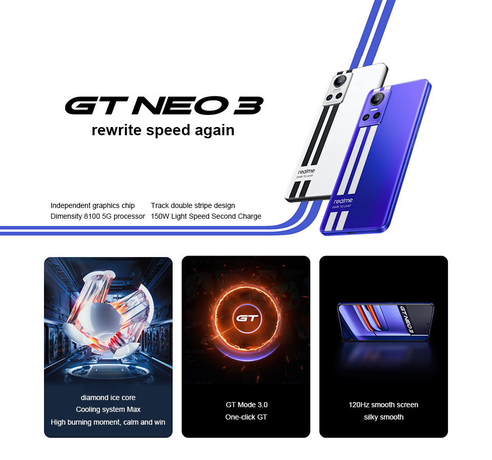 Original Realme GT Neo 3 150W 5G SmartPhone 6.7" AMOLED 2412x1080 120Hz MTK Dimensity 8100 Mali-G610 MC6 5000mAh NFC Android 12