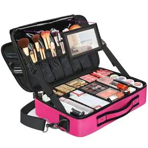 Tas Kosmetik Artis 3 Lapis, Organizer Makeup Profesional Besar dengan Cermin 3 Lapisan