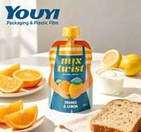 Op maat bedrukte, lekvrije staande pouch met tuit, verpakking van plastic voor vloeibare fruitpuree, sap en saus, met aangepaste vorm
