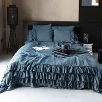 Parure de lit en lin matelassé, style à volants de luxe, grande taille, 1 housse de couette et 2 taies d'oreillers, collection 100%