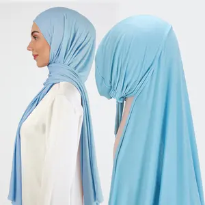 Hot Selling Muslim Plain Solid Hijab Scarf with Undercap Ready to Wear Jersey Hijabs Shawl Scarves