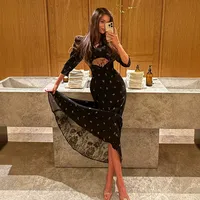 Robe longue noire ajustée à panneaux en dentelle imprimée, coupe crayon, col en V, manches trois quarts, pour occasions élégantes, vente en gros ODM