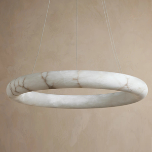 Lustre rond moderne de luxe en marbre, luminaires suspendus en pierre d'albâtre naturelle pour salon - Product Image 4