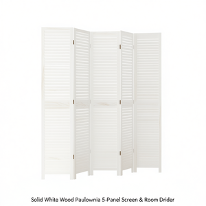 Separador de Ambientes Plegable de 5 Paneles de Madera Maciza de Paulownia Blanca, Diseño Minimalista - Product Image 1