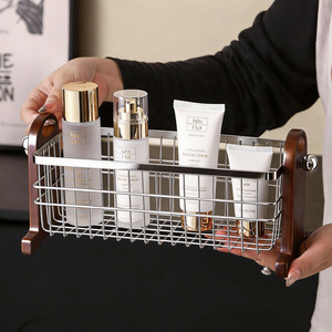 Stainless Steel <b>Desktop</b> Cosmetic <b>Shelf</b> With Wooden Frame For Bathroom Makeup Storage Basket Perfume Holder - Product Image 4