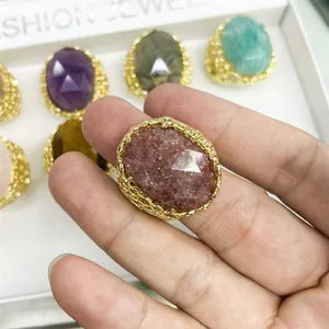 Vintage High Quality 18k Gold Plated Adjustable Ring Natural Amazonite Strawberry Quartz Amethyst Stone Open Cuff Ring for Women