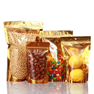 Sacs d'emballage alimentaire <span class=keywords><strong>en</strong></span> <span class=keywords><strong>plastique</strong></span> refermables avec fermeture éclair, personnalisés, avec impression sur le devant, dos <span class=keywords><strong>en</strong></span> aluminium doré transparent - Product Image 1
