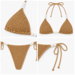 Beige Pearl Trim <b>Triangle</b> <b>Bikini</b> <b>Set</b> Halter Swimwear Crochet Beachwear 2 Piece for Women - Product Image 3