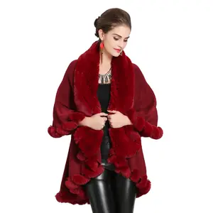 Jtfur Factory Wholesale Autumn Winter Loose Faux Fox Fur Collar Double Knitted Women Shawl Cloak Coat
