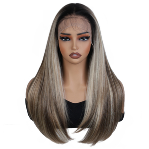 Perruque Synthétique Frontale en Dentelle 13x6, 24 Pouces, Châtain Chocolat, Raie Libre, Longue et Lisse, Ombrée Châtain Blond avec Mèches, Résistante à la Chaleur - Product Image 2