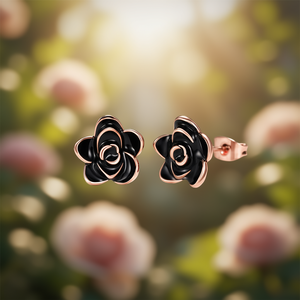 Orecchini a lobo con fiore nero e oro rosa per donna, gioielli romantici in lega alla moda - Product Image 2