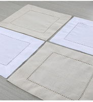 Serviettes de cocktail carrées en lin blanc faites à la main 15x15 cm avec ourlet festonné, OEM&ODM, pour la maison et l'avion, vente en gros