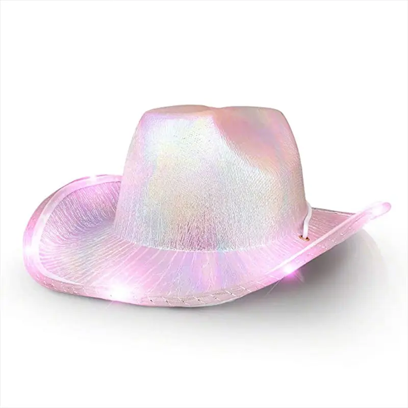 5 Kleuren Halloween Gele Parelmoerhoed Met Lichtjes Kleurrijke Holografische Cowboy Led Hoed Voor Dames Meisjes