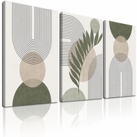 Boho Geometrisches Palmenblatt Wandkunst Triptychon Set aus 3 Leinwanddrucken Staubiges Rosa Salbeigrün Abstrakte Minimalistische Dekoration für Wohnzimmer