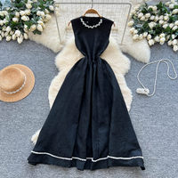 Robe élégante sans manches pour femme WIWT, coupe trapèze, avec décorations en perles, taille haute, longue et fluide, robe décontractée pour tous les jours et les soirées