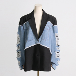 2025 automne <span class=keywords><strong>Vintage</strong></span> Denim Blazer <span class=keywords><strong>veste</strong></span> pour femmes Colorblock bouton unique manteau court avec gland décoration nouveau Patchwork Design - Product Image 3