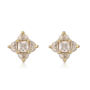 Boucles d'oreilles carrées miniatures pour femmes, style vintage, luxe léger, couleur cuivre, zircon, tige fine, trèfle à quatre feuilles - Product Image 5