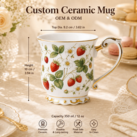 Mug à café en céramique personnalisé 350 ml 12 oz avec bord doré, motif floral fraise, tasse à thé en porcelaine, vente en gros OEM ODM