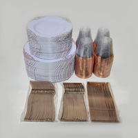 Ensemble de vaisselle jetable dorée pour fête, 600 pièces, comprenant des assiettes à dîner et à dessert en plastique, des gobelets de 9 oz et un ensemble d'argenterie pour 100 invités