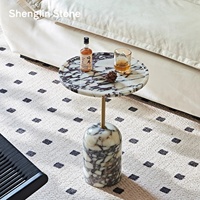 Table d'appoint personnalisée en marbre Calacatta Viola avec plateau rond et accent en tige métallique pour salon, villa, hall d'hôtel