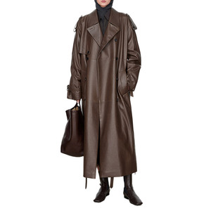 Jancoco personalizzato doppio petto giacca di pelle lunga da donna in vera pelle di montone <span class=keywords><strong>Trench</strong></span> con cintura - Product Image 1