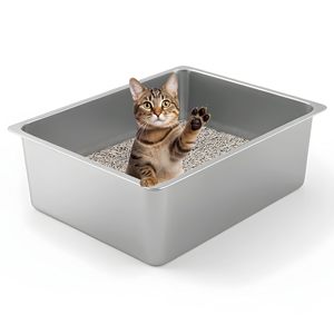 Bac à litière pour chat en acier inoxydable, durable, à bords hauts, design anti-éclaboussures, facile à nettoyer, fournitures pour animaux de compagnie - Product Image 1