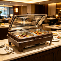 Plat de service réchaud en acier inoxydable de qualité alimentaire, motif grain de bois, avec couvercle en verre trempé, design rétro, grande capacité, pour buffet