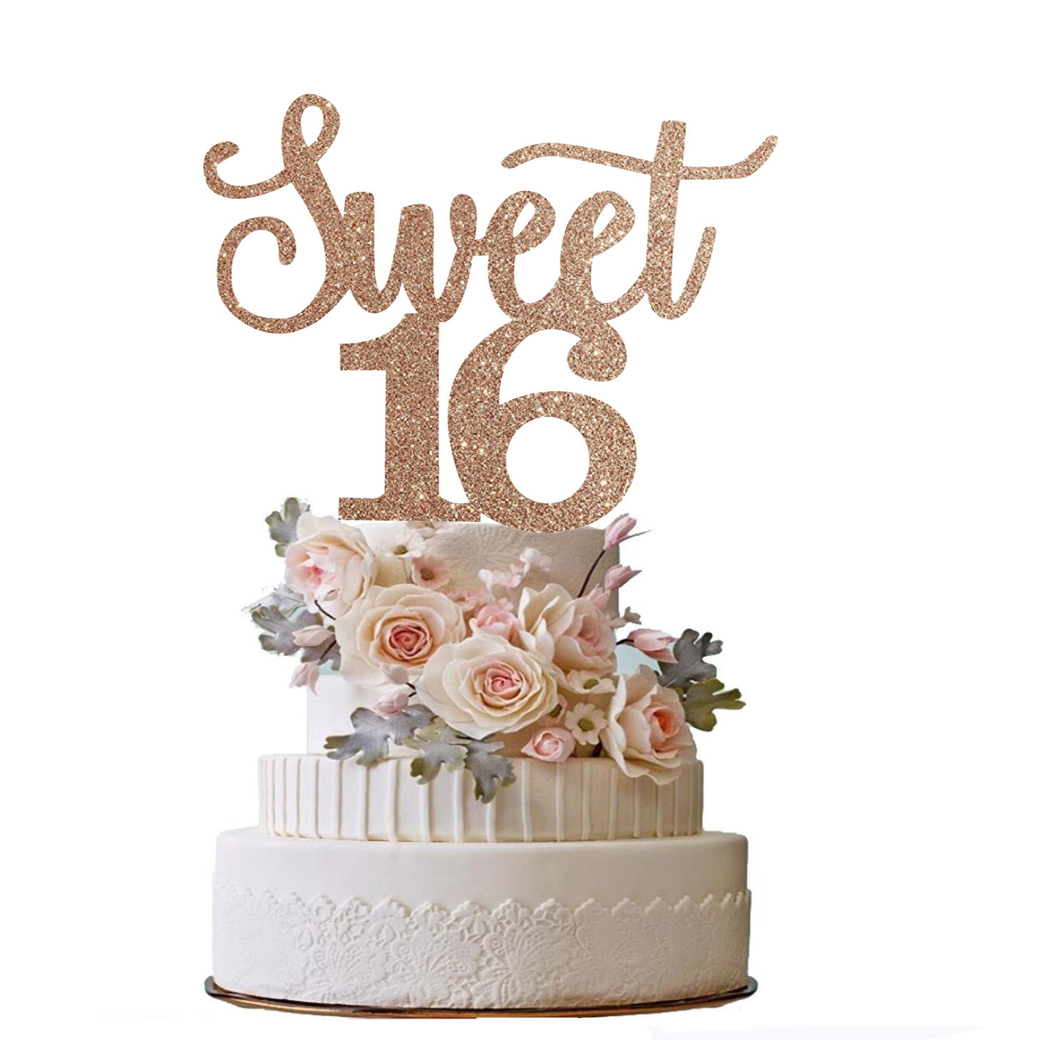 16th Birthday Cake Topper Set – Rose Gold Glitter With Confetti Balloon, Girls Birthday Decor