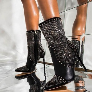 Crystal Rivets Ornament Side Zip Large Size 44 Party Women Ankle <b>Boots</b> Thin High Heel Pointed Toe Ladies Short Booties - Product Image 1